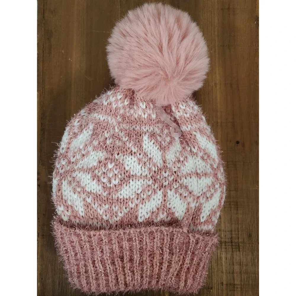 Tinsel Snowflake Hat & Gloves Set - Rose Pink Open Finger Texting Women's NEW